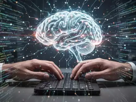 Eine Nahaufnahme von Händen, die auf einer Tastatur tippen, wobei sich über den Fingern ein leuchtendes, abstraktes KI-Netzwerk ausbreitet. - Foto: über boerse-global.de
