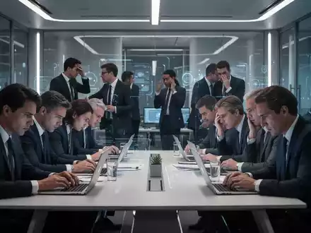 Gestresste Führungskräfte in einem modernen Büro, einige am Laptop, andere in Diskussionen, die Work-Life-Balance suchen. - Foto: über boerse-global.de