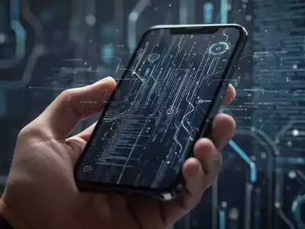 A hand holding a smartphone displaying a futuristic interface with digital elements, symbolizing software development and beta releases. - Foto: über boerse-global.de