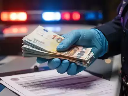 Nahaufnahme einer behandschuhten Polizistenhand, die Euro-Banknoten hält, im Hintergrund verschwommene Polizeilichter und Dokumente. - Foto: über boerse-global.de