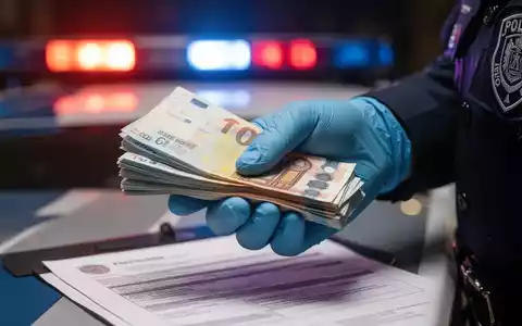 Nahaufnahme einer behandschuhten Polizistenhand, die Euro-Banknoten hält, im Hintergrund verschwommene Polizeilichter und Dokumente. - Foto: über boerse-global.de