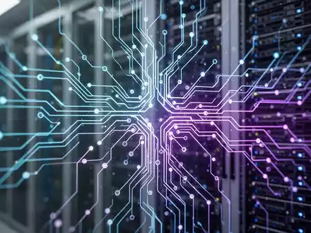 An abstract image of a glowing, interconnected neural network, symbolizing advanced artificial intelligence, against a blurred data center background. - Foto: über boerse-global.de