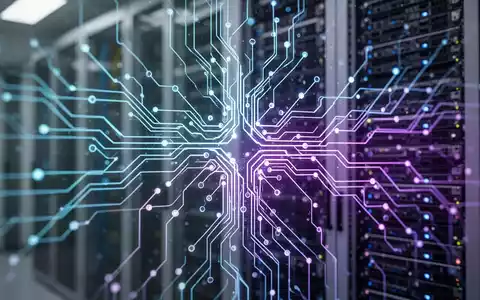 An abstract image of a glowing, interconnected neural network, symbolizing advanced artificial intelligence, against a blurred data center background. - Foto: über boerse-global.de