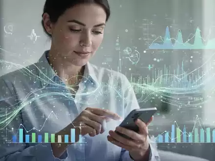 Eine Person betrachtet ein Smartphone, umgeben von digitalen Grafiken, die Intervallfasten und Gesundheitsdaten darstellen. - Foto: über boerse-global.de