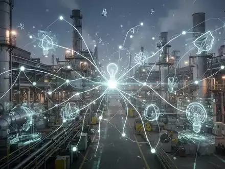 Abstrakte Darstellung von Energieeffizienz in einer Industrieanlage mit leuchtenden Linien und Knoten, die Konnektivität und Optimierung symbolisieren. - Foto: über boerse-global.de