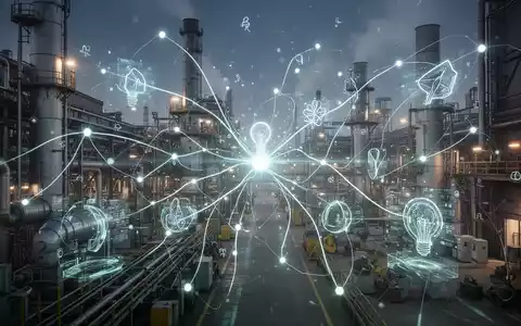 Abstrakte Darstellung von Energieeffizienz in einer Industrieanlage mit leuchtenden Linien und Knoten, die Konnektivität und Optimierung symbolisieren. - Foto: über boerse-global.de