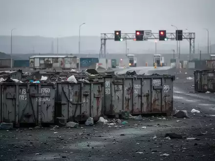 Industrielle Abfallcontainer in einer trostlosen Landschaft, mit verschwommener Grenze im Hintergrund unter bewölktem Himmel. - Foto: über boerse-global.de