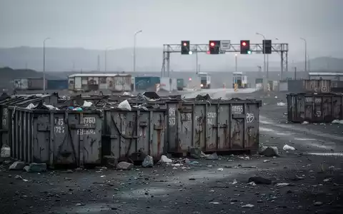 Industrielle Abfallcontainer in einer trostlosen Landschaft, mit verschwommener Grenze im Hintergrund unter bewölktem Himmel. - Foto: über boerse-global.de