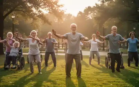 Eine vielfältige Gruppe von Menschen praktiziert Qigong in einem ruhigen Park bei Sonnenaufgang, mit sanften Bewegungen und Fokus. - Foto: über boerse-global.de