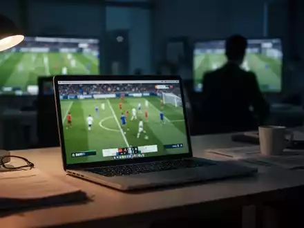 Ein dunkler Büroschreibtisch mit Laptop, der ein verschwommenes Fußballspiel zeigt, mit einer angedeuteten Arbeiter-Silhouette im Hintergrund. - Foto: über boerse-global.de