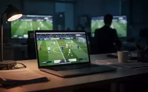 Ein dunkler Büroschreibtisch mit Laptop, der ein verschwommenes Fußballspiel zeigt, mit einer angedeuteten Arbeiter-Silhouette im Hintergrund. - Foto: über boerse-global.de