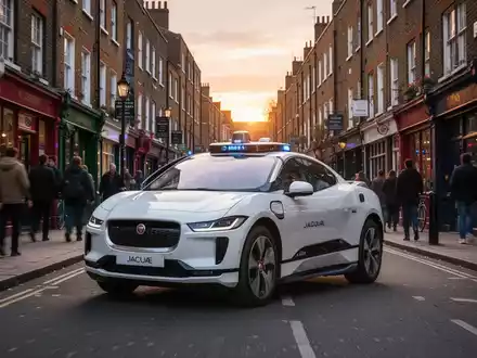 A white Waymo self-driving car on a narrow, cobblestone street in London's Spitalfields district at dawn, surrounded by historic buildings. - Foto: über boerse-global.de