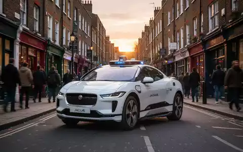 A white Waymo self-driving car on a narrow, cobblestone street in London's Spitalfields district at dawn, surrounded by historic buildings. - Foto: über boerse-global.de