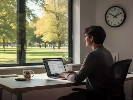 Eine Person sitzt an einem Home-Office-Schreibtisch, blickt aber aus dem Fenster, während der Laptop geöffnet ist. - Foto: über boerse-global.de