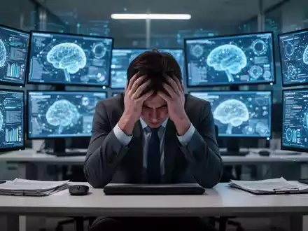 Eine Person sitzt erschöpft am Schreibtisch, umgeben von Bildschirmen mit KI-Oberflächen, und hält den Kopf in den Händen. - Foto: über boerse-global.de