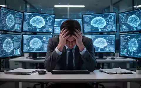 Eine Person sitzt erschöpft am Schreibtisch, umgeben von Bildschirmen mit KI-Oberflächen, und hält den Kopf in den Händen. - Foto: über boerse-global.de