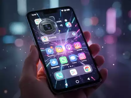 Ein Smartphone zeigt eine futuristische Android-Benutzeroberfläche mit neuen Funktionen, darunter ein Kamera-Overlay und Schnelleinstellungen. - Foto: über boerse-global.de