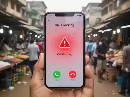 Ein Smartphone-Bildschirm zeigt eine Anrufblockierungs-Schnittstelle mit einem roten Warnsymbol vor einem unscharfen Hintergrund eines geschäftigen Marktes. - Foto: über boerse-global.de