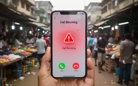 Ein Smartphone-Bildschirm zeigt eine Anrufblockierungs-Schnittstelle mit einem roten Warnsymbol vor einem unscharfen Hintergrund eines geschäftigen Marktes. - Foto: über boerse-global.de
