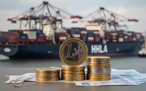 Ein Nahaufnahme von Euro-Münzen im Vordergrund, unscharf im Hintergrund ein HHLA-Containerterminal in Hamburg, bei Sonnenuntergang beleuchtet. - Foto: über boerse-global.de