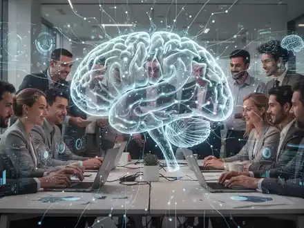 Ein stilisiertes, leuchtendes neuronales Netzwerk überlagert eine Gruppe von Büroangestellten, die zusammenarbeiten. - Foto: über boerse-global.de