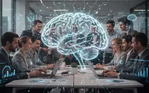 Ein stilisiertes, leuchtendes neuronales Netzwerk überlagert eine Gruppe von Büroangestellten, die zusammenarbeiten. - Foto: über boerse-global.de