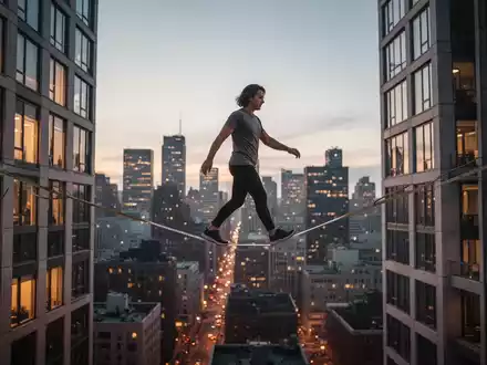 Eine Person geht auf einer Slackline, die zwischen zwei hohen Gebäuden in einer Stadt bei Sonnenuntergang gespannt ist. - Foto: über boerse-global.de