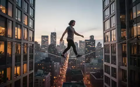 Eine Person geht auf einer Slackline, die zwischen zwei hohen Gebäuden in einer Stadt bei Sonnenuntergang gespannt ist. - Foto: über boerse-global.de