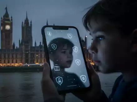 Ein Kind blickt auf ein Smartphone, überlagert von Sicherheitssymbolen, vor einer unscharfen Londoner Skyline. - Foto: über boerse-global.de