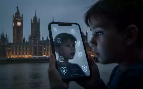 Ein Kind blickt auf ein Smartphone, überlagert von Sicherheitssymbolen, vor einer unscharfen Londoner Skyline. - Foto: über boerse-global.de