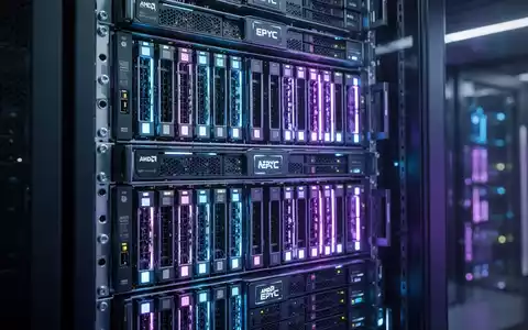 A glowing server rack with blue and purple lights, symbolizing high-density computing for AI with AMD EPYC processors. - Foto: über boerse-global.de