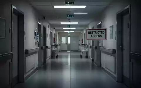 Ein schlecht beleuchteter Krankenhausflur mit einem Schild „Geschlossen“ an einer Tür, das Sparmaßnahmen und Schließungen symbolisiert. - Foto: über boerse-global.de