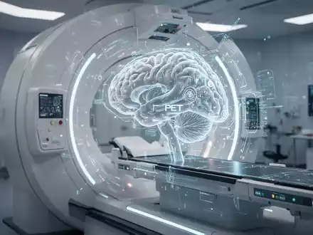Ein hochmoderner PET-Hirnscanner in einer sterilen medizinischen Umgebung, der subtil leuchtet und fortschrittliche Technologie darstellt. - Foto: über boerse-global.de