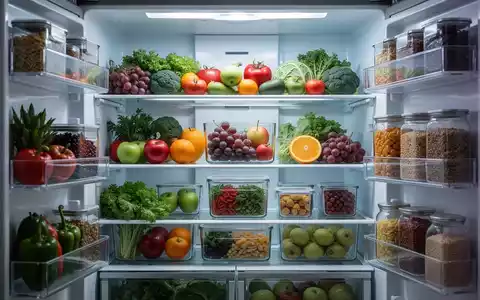 Ein sauber organisierter Kühlschrank mit verschiedenen Lebensmitteln in Glasbehältern und auf Regalen, die eine optimale Lagerung zeigen. - Foto: über boerse-global.de