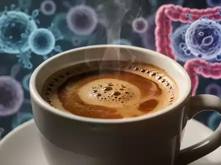 Eine Tasse Kaffee mit Dampf und unscharfem Hintergrund aus mikroskopischen Darstellungen von Darmbakterien und Zellen. - Foto: über boerse-global.de