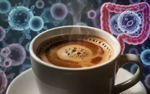 Eine Tasse Kaffee mit Dampf und unscharfem Hintergrund aus mikroskopischen Darstellungen von Darmbakterien und Zellen. - Foto: über boerse-global.de