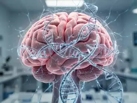 Nahaufnahme eines menschlichen Gehirns mit leuchtenden neuronalen Pfaden und DNA-Strängen, die die genetischen Ursachen von Angst symbolisieren. - Foto: über boerse-global.de