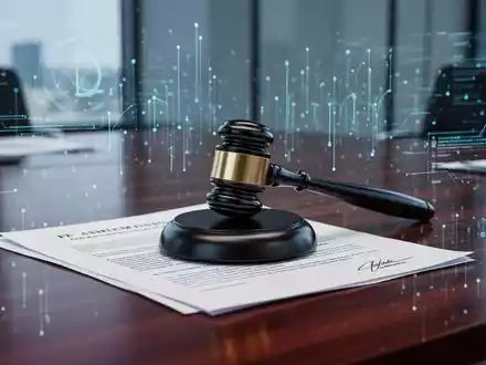 Ein stilisierter, moderner Hammer ruht auf offiziellen Rechtsdokumenten, mit digitalen Elementen im Hintergrund. - Foto: über boerse-global.de