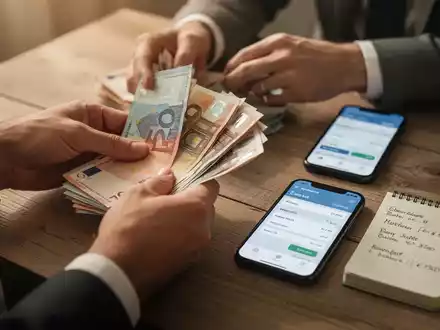 Hände zählen Euro-Banknoten auf einem Holztisch, daneben ein Smartphone mit Budget-App und Notizen. Symbolisiert Finanzkontrolle. - Foto: über boerse-global.de