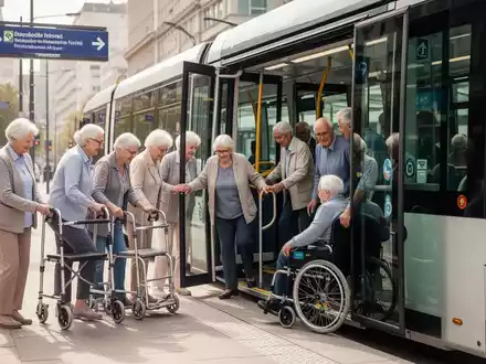 Senioren und Menschen mit Beeinträchtigung üben das Ein- und Aussteigen in eine moderne Straßenbahn unter Anleitung. - Foto: über boerse-global.de
