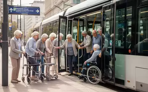 Senioren und Menschen mit Beeinträchtigung üben das Ein- und Aussteigen in eine moderne Straßenbahn unter Anleitung. - Foto: über boerse-global.de
