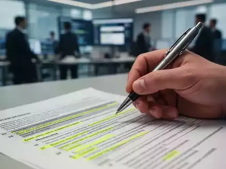Eine Hand hält einen Stift über einem Dokument mit hervorgehobenen Abschnitten, im Hintergrund ein unscharfes Büro. Symbolisiert Bürokratieabbau. - Foto: über boerse-global.de