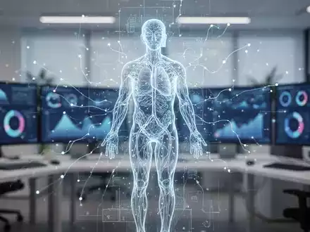 Eine stilisierte Darstellung eines digitalen Datenstroms über einer menschlichen Silhouette in einem modernen Büroumfeld, symbolisiert die Digitalisierung von Gesundheitsdaten. - Foto: über boerse-global.de