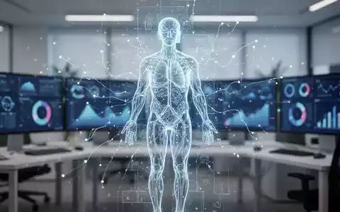 Eine stilisierte Darstellung eines digitalen Datenstroms über einer menschlichen Silhouette in einem modernen Büroumfeld, symbolisiert die Digitalisierung von Gesundheitsdaten. - Foto: über boerse-global.de