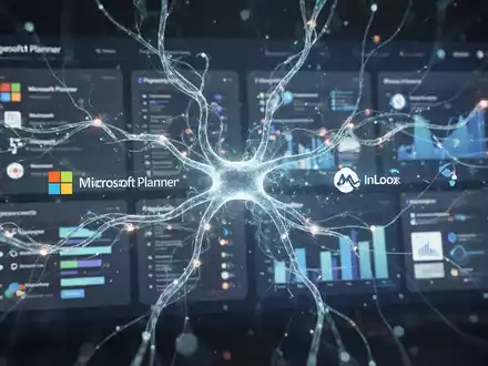 An AI-powered digital dashboard with intertwined data streams, representing project management and Microsoft Planner integration. - Foto: über boerse-global.de
