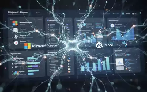 An AI-powered digital dashboard with intertwined data streams, representing project management and Microsoft Planner integration. - Foto: über boerse-global.de