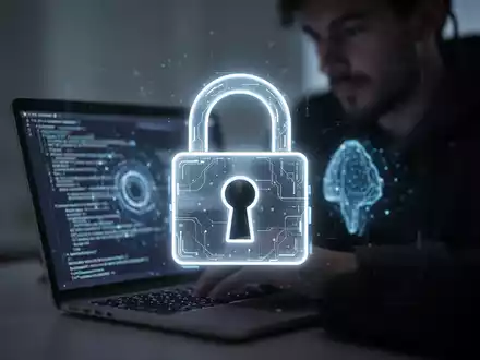 A glowing digital padlock icon superimposed over a blurred image of a person working on a laptop, symbolizing AI data security. - Foto: über boerse-global.de