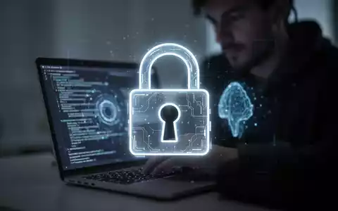A glowing digital padlock icon superimposed over a blurred image of a person working on a laptop, symbolizing AI data security. - Foto: über boerse-global.de