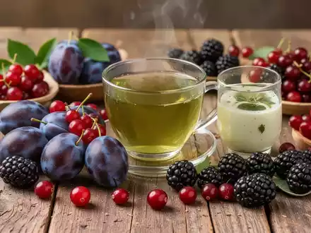 Eine Nahaufnahme von frischen Pflaumen, Cranberrys, Brombeeren und einer Tasse grünem Tee auf einem Holztisch, die Herzgesundheit symbolisieren. - Foto: über boerse-global.de
