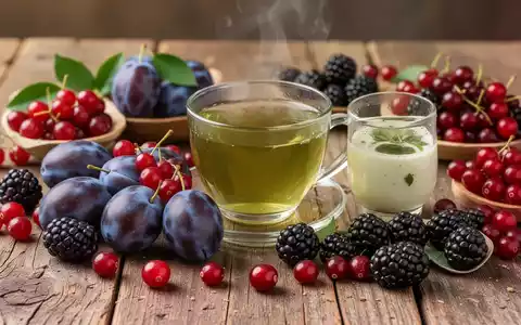 Eine Nahaufnahme von frischen Pflaumen, Cranberrys, Brombeeren und einer Tasse grünem Tee auf einem Holztisch, die Herzgesundheit symbolisieren. - Foto: über boerse-global.de